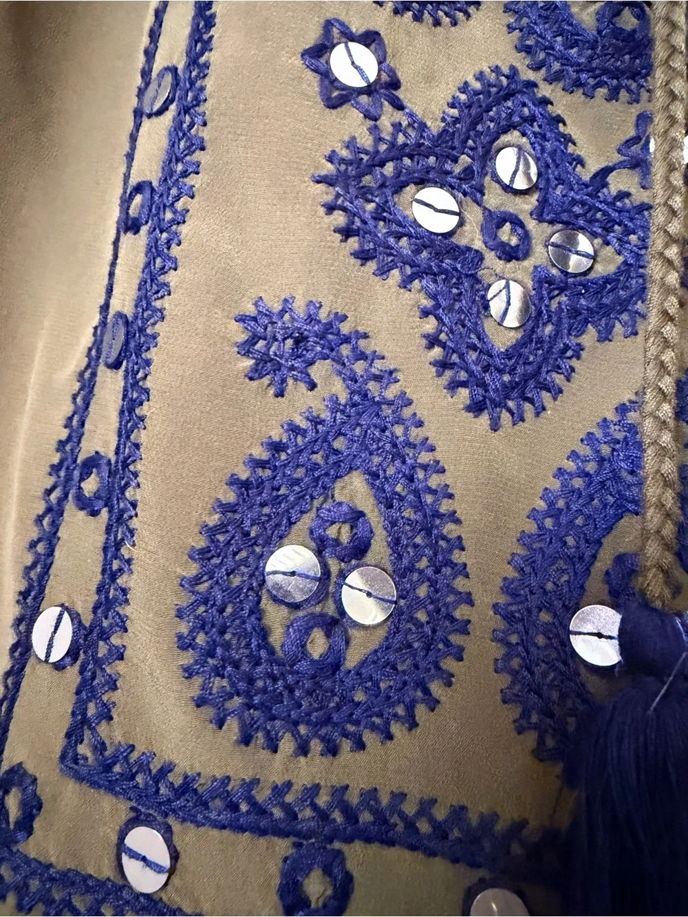 Tory Burch Olive Green Peasant Blouse with Navy Embroidery